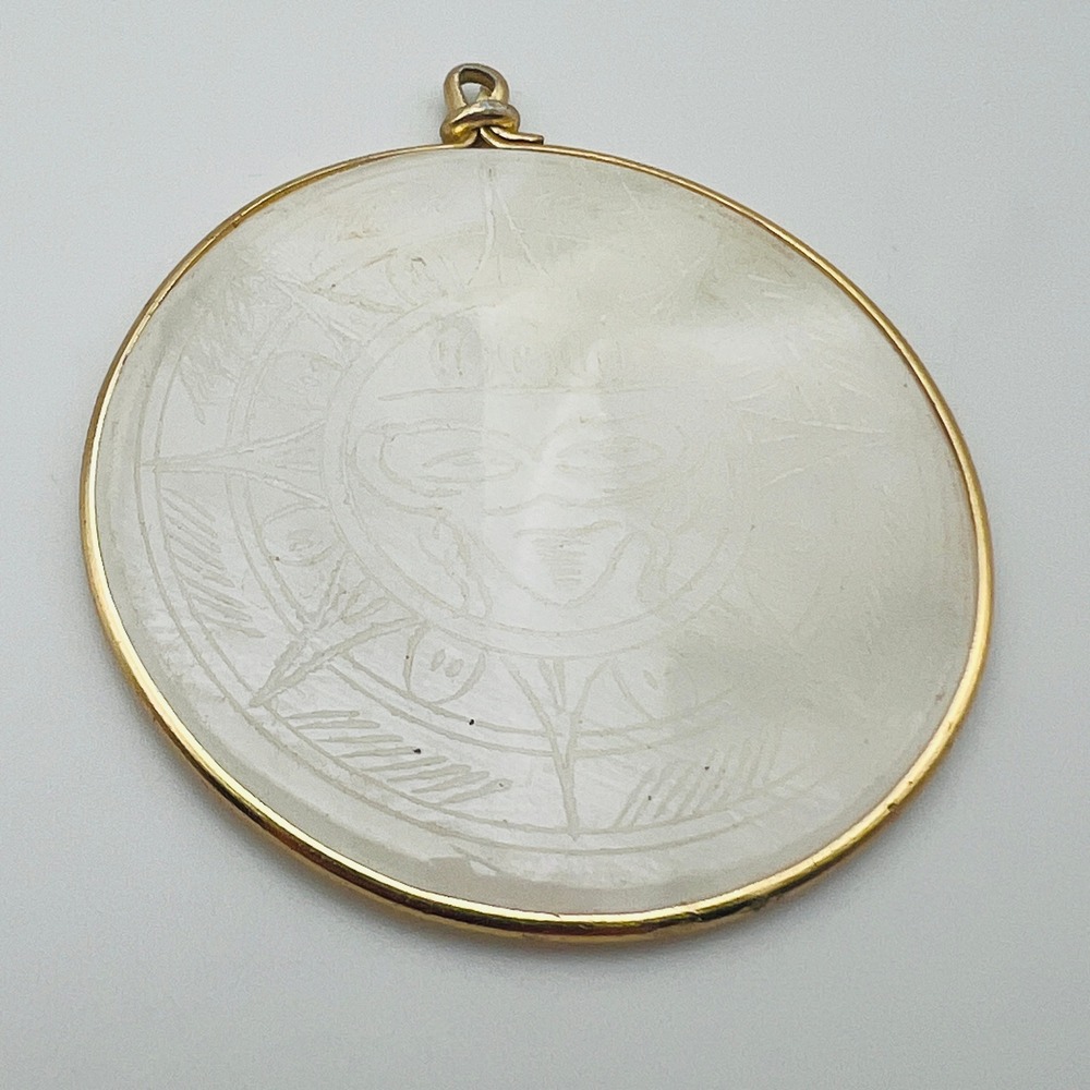 Vintage Carved White Quartz Aztec Mayan Sun Calendar Pendant Gold Tone Rim
